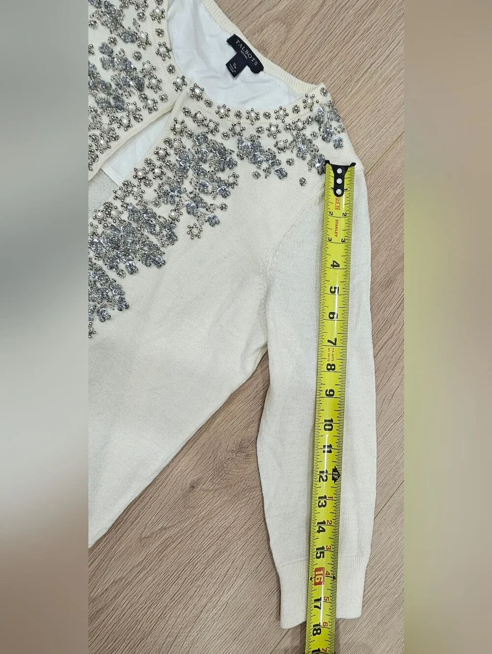 Talbots Petites SP Ivory Beaded Pearl Sequin Embellished Cardigan Lambswool